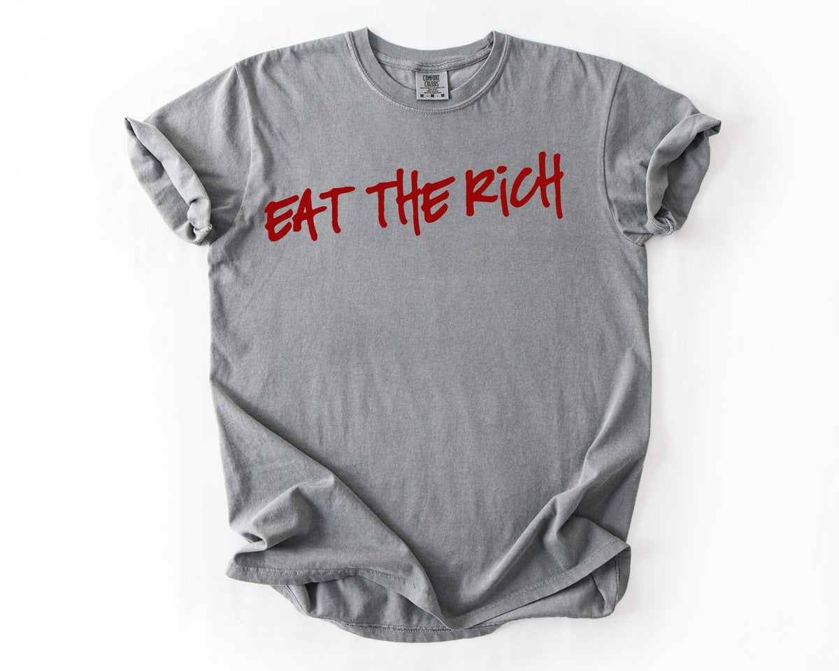 Grey t-shirt with anti-capitalist graphic – class solidarity