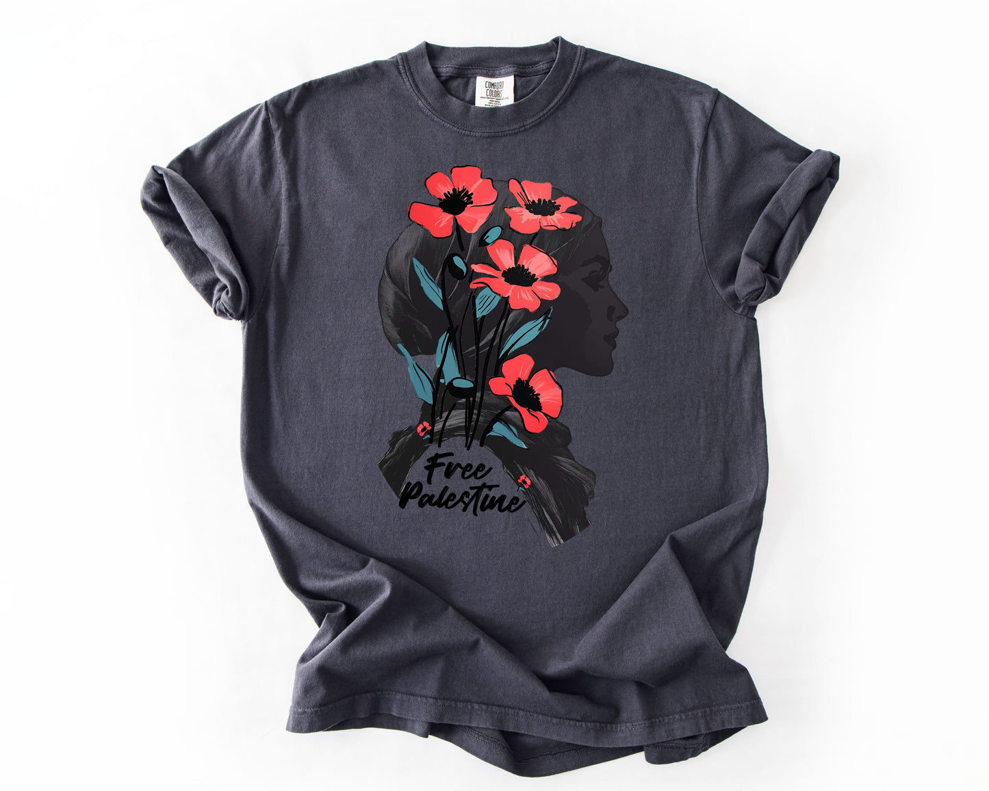 Graphite t-shirt with Free Palestine poppy graphic – human rights shirt