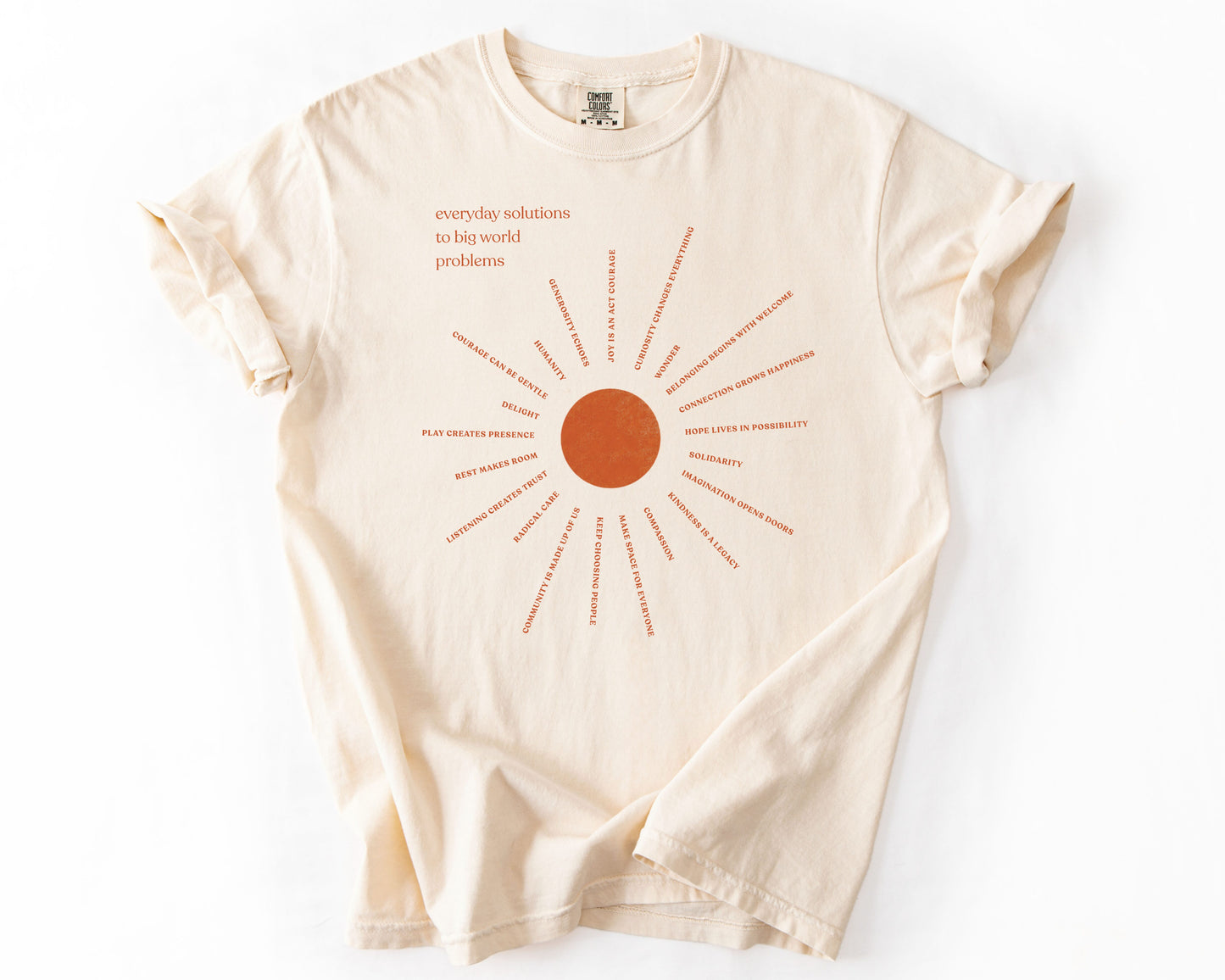 Ivory t-shirt with everyday solutions graphic – kindness shirt