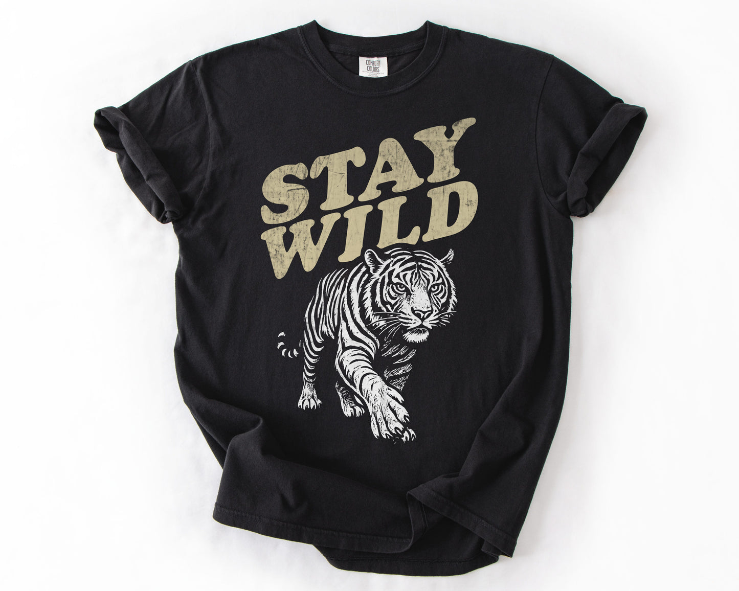 Black t-shirt with Stay Wild tiger graphic – women's rights shirt