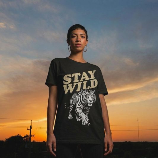Close-up of Stay Wild tiger illustration – feminist shirt