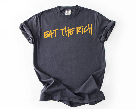 Graphite t-shirt with anti-capitalist graphic – eat the rich shirt
