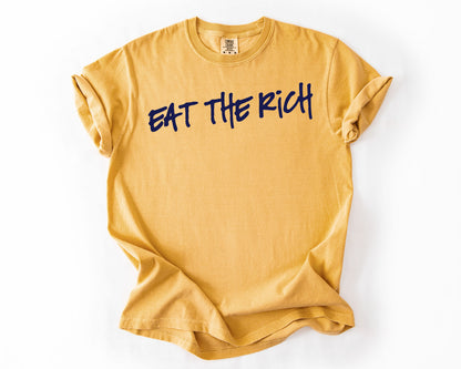 Mustard t-shirt with anti-capitalist graphic – graphic tee