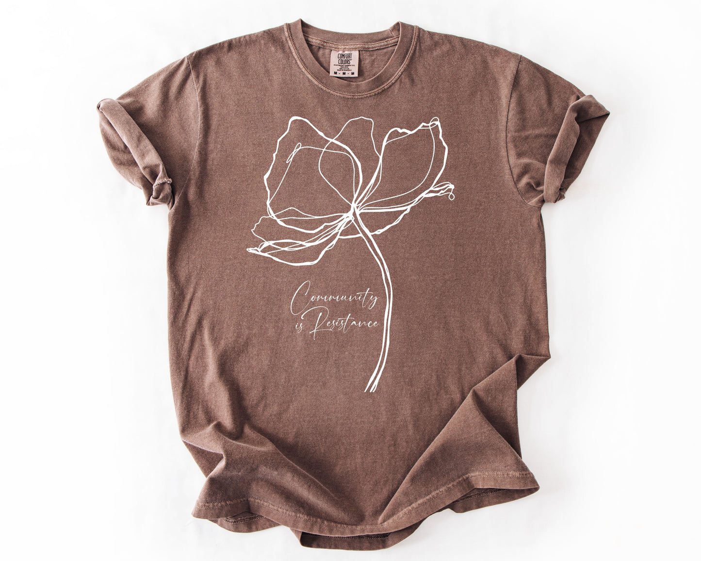 Espresso t-shirt with Community Is Resistance botanical graphic – resistance shirt