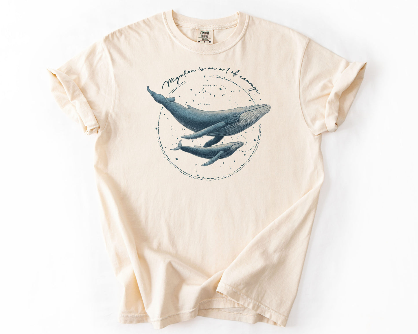 Ivory t-shirt with migration whale graphic – human rights shirt