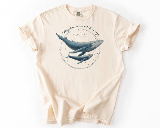 Ivory t-shirt with migration whale graphic – human rights shirt
