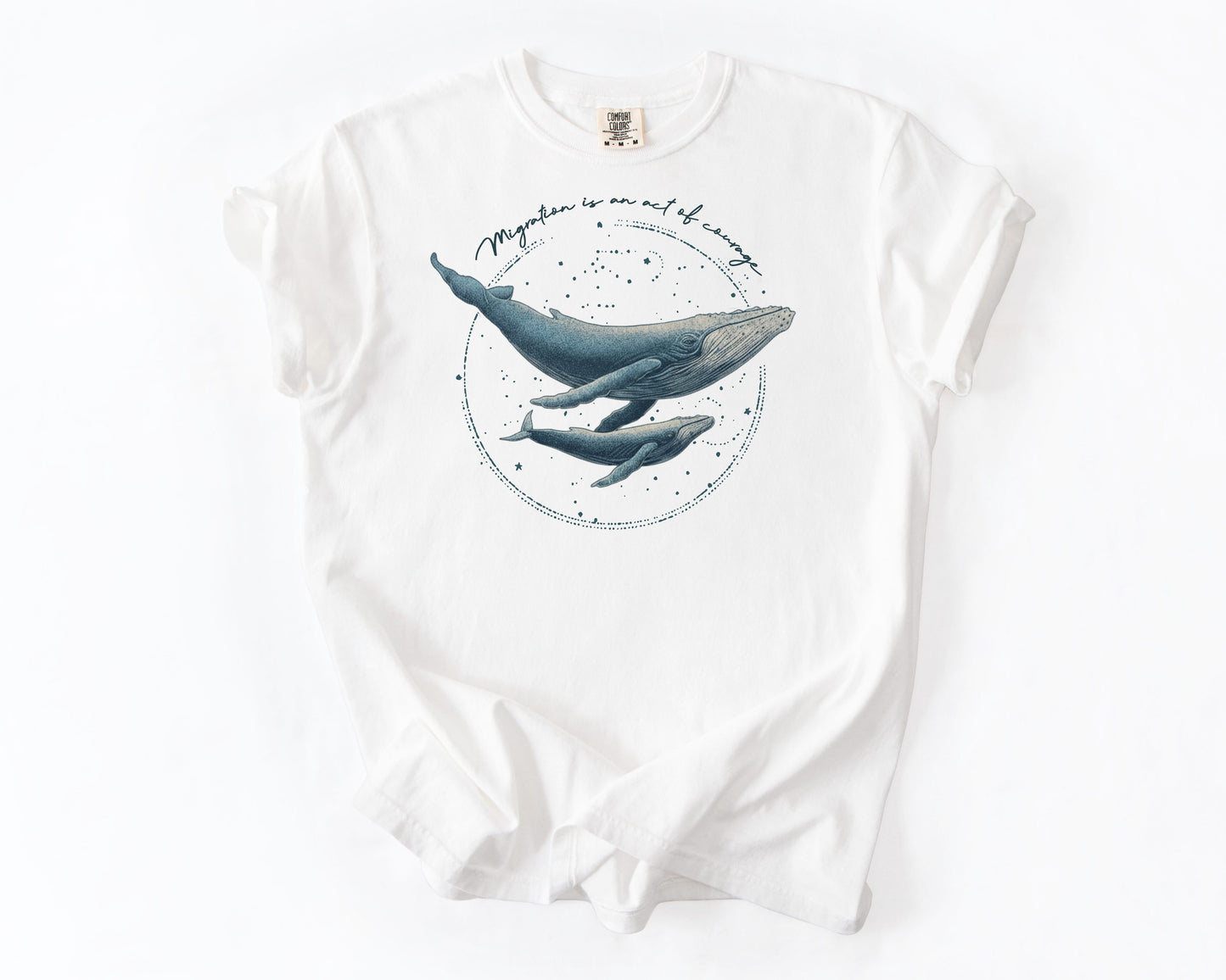 White t-shirt with migration whale graphic – human rights shirt