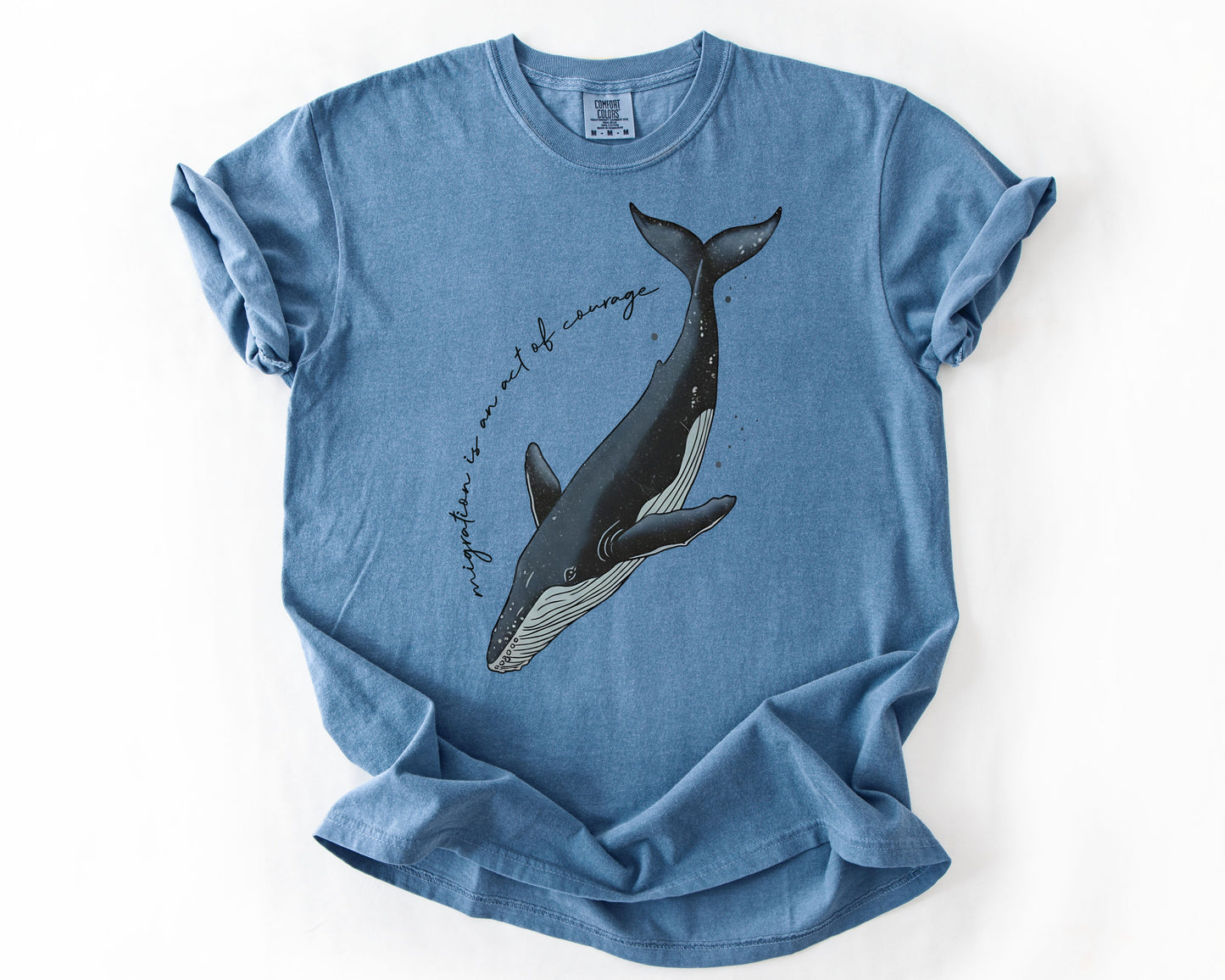 Blue Jean t-shirt with mother and calf whale migration graphic – migration shirt