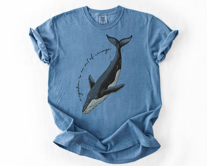 Blue Jean t-shirt with mother and calf whale migration graphic – migration shirt