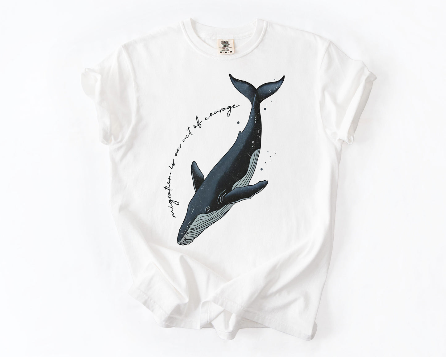 White t-shirt with mother and calf whale migration graphic – human rights shirt