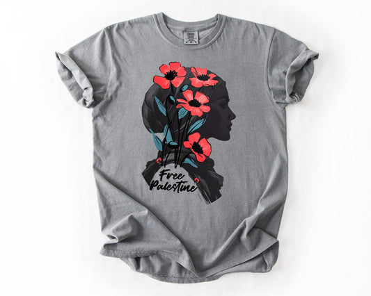 Grey t-shirt with Free Palestine poppy graphic – political shirt