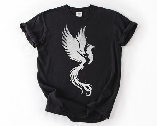 Black t-shirt with Phoenix Rising graphic – feminist shirt