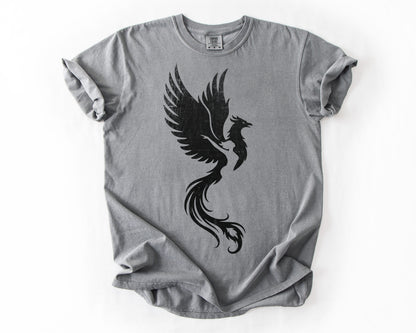 Grey t-shirt with Phoenix Rising graphic – resilience shirt