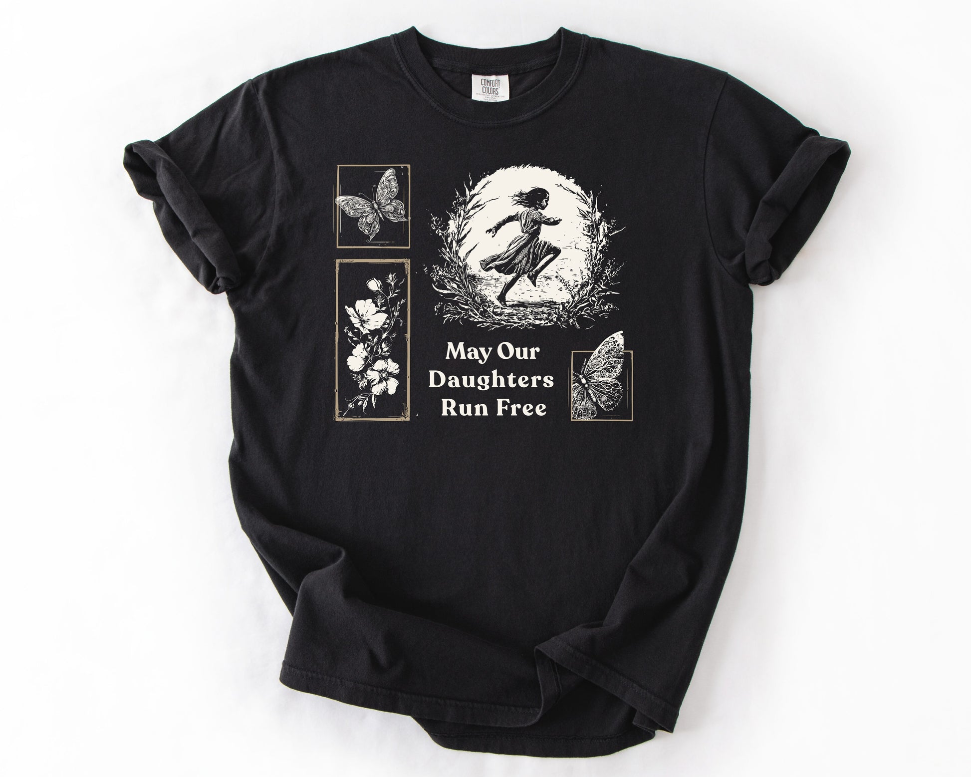 Black t-shirt with May Our Daughters Run Free botanical illustration – human rights shirt