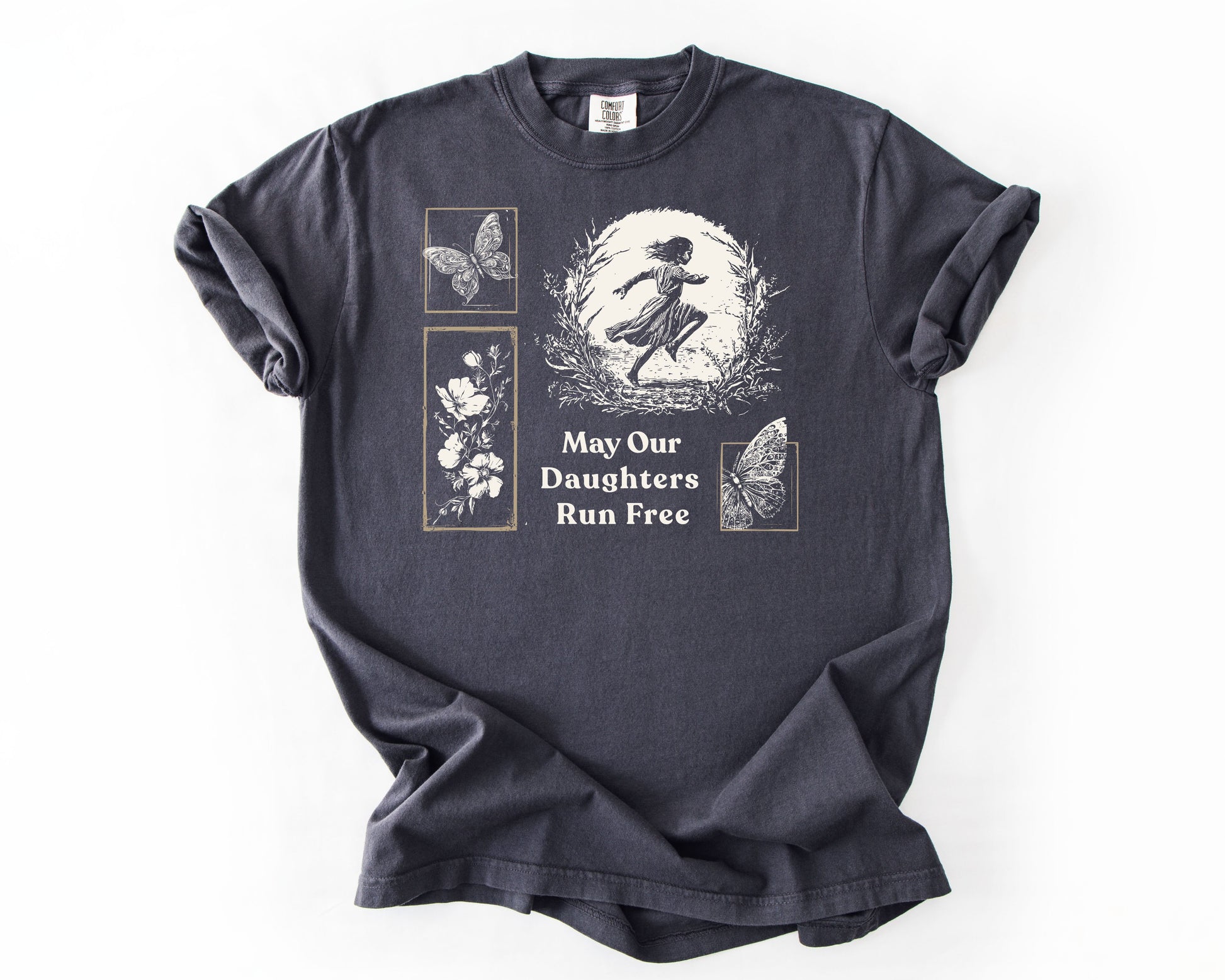 Graphite t-shirt with May Our Daughters Run Free botanical illustration – human rights shirt
