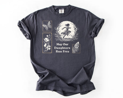 Graphite t-shirt with May Our Daughters Run Free botanical illustration – human rights shirt