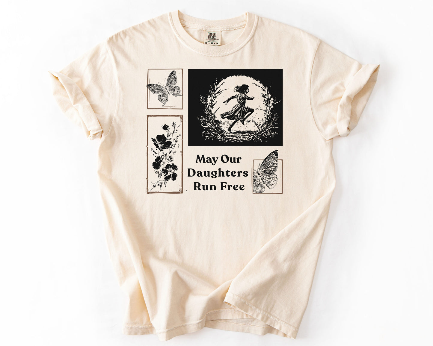 Ivory t-shirt with May Our Daughters Run Free botanical illustration – feminist shirt
