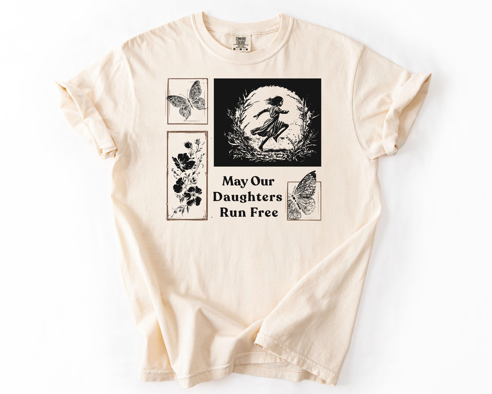 Ivory t-shirt with May Our Daughters Run Free botanical illustration – feminist shirt