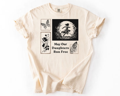 Ivory t-shirt with May Our Daughters Run Free botanical illustration – feminist shirt