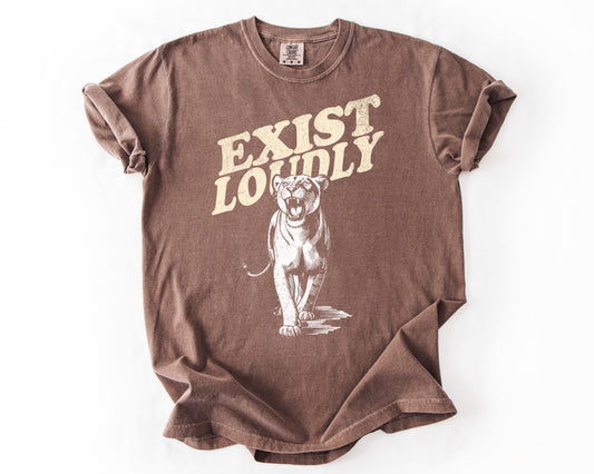 Espresso t-shirt with Exist Loudly lioness graphic – social justice shirt