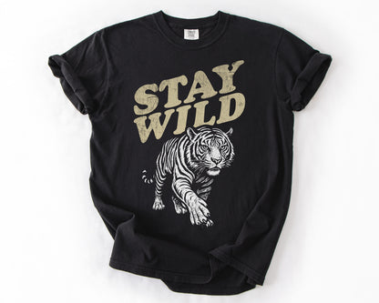 Black t-shirt with Stay Wild tiger graphic – women's rights shirt
