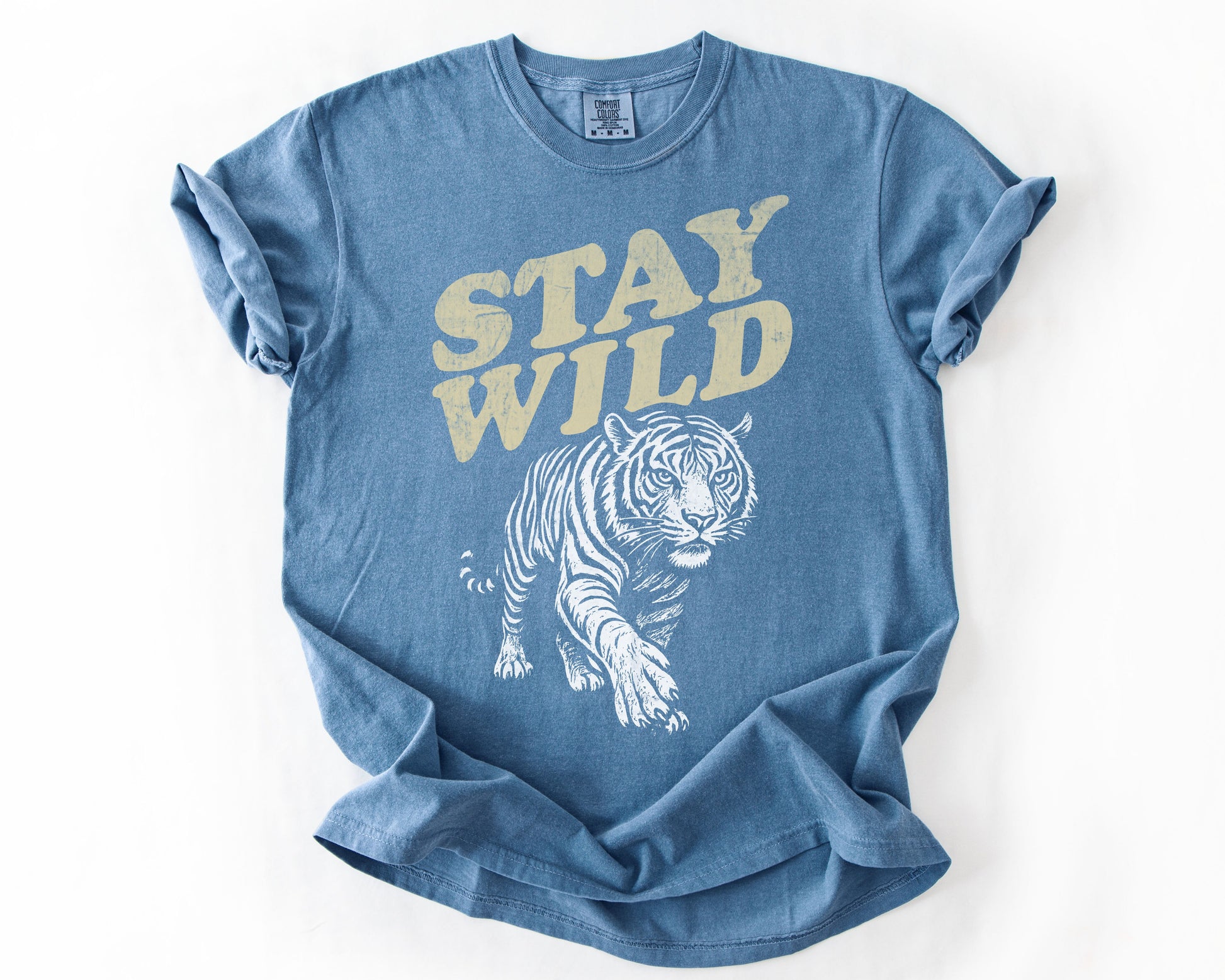 Blue Jean t-shirt with Stay Wild tiger graphic – women's rights shirt
