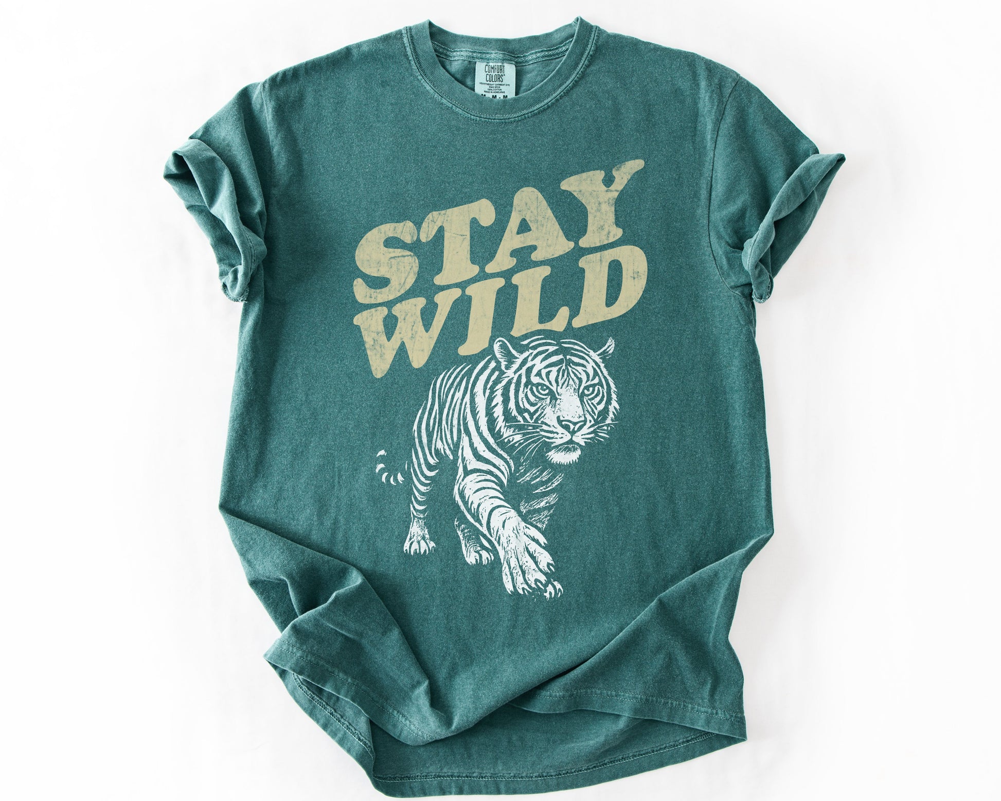 Blue Spruce t-shirt with Stay Wild tiger graphic – feminist shirt