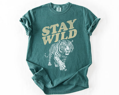 Blue Spruce t-shirt with Stay Wild tiger graphic – feminist shirt