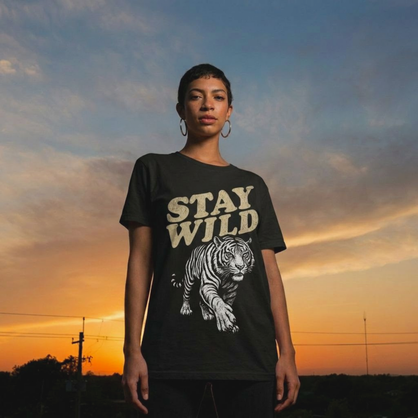 Close-up of Stay Wild tiger illustration – feminist shirt
